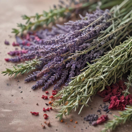 Dried lavender, rosemary, and hibiscus herbs ready for use in natural remedies.