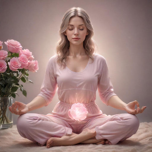 Person meditating with rose quartz.