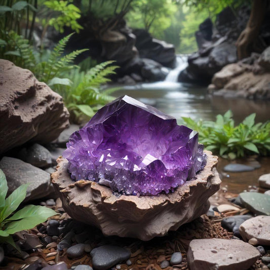 Amethyst crystal in a meditation setting.