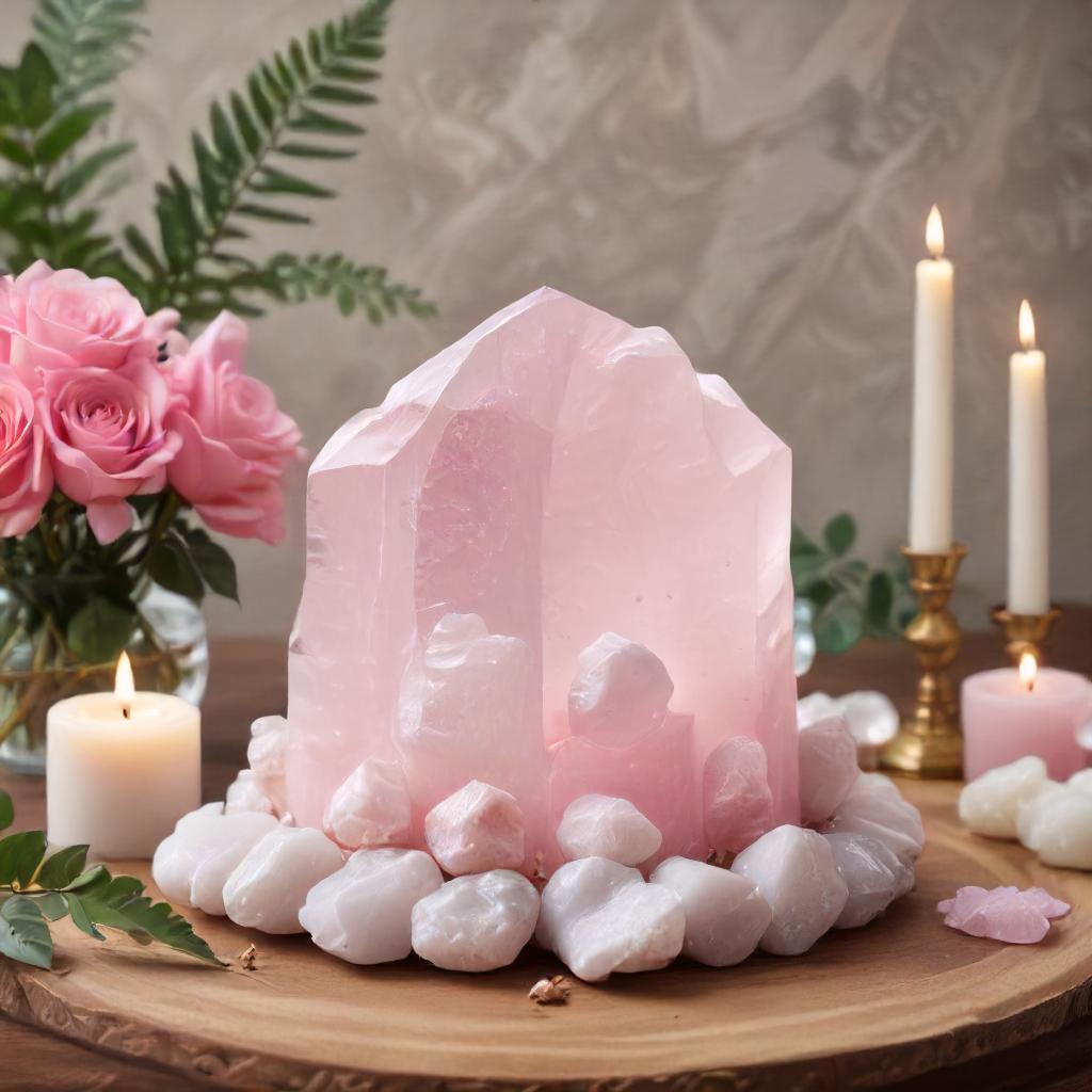 Rose quartz crystal on a meditation altar.