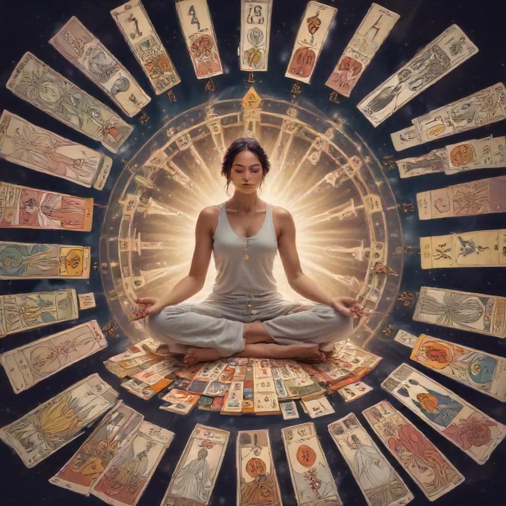 Person meditating with Tarot cards.