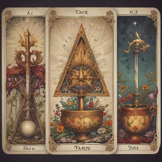 Close-up of Ace cards from each Tarot suit.