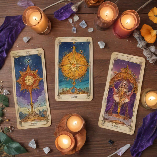 A spread of colorful tarot cards depicting various images and symbols.