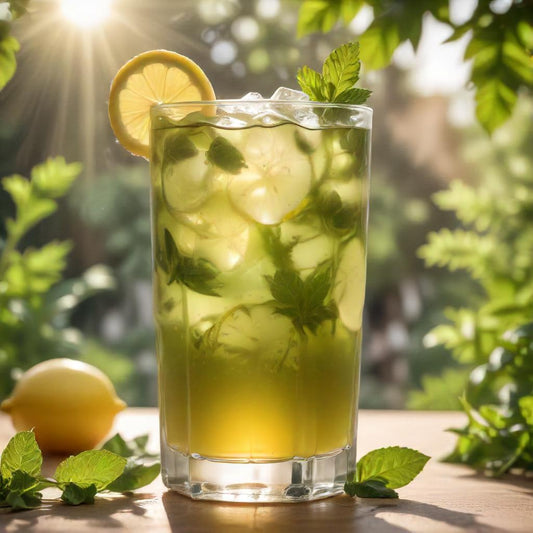 Image of refreshing iced green tea with mint leaves and lemon slices.