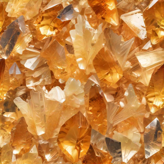 Image of vibrant Citrine crystals with sunlight reflecting off their surfaces.