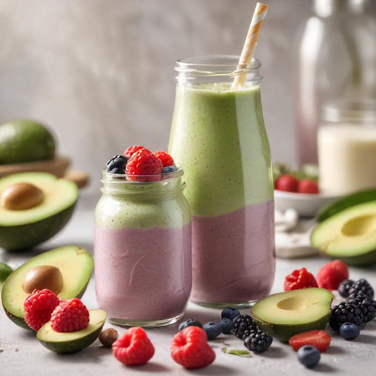 Refreshing avocado and berry smoothie in a glass jar with fresh berries and avocado slices on the side