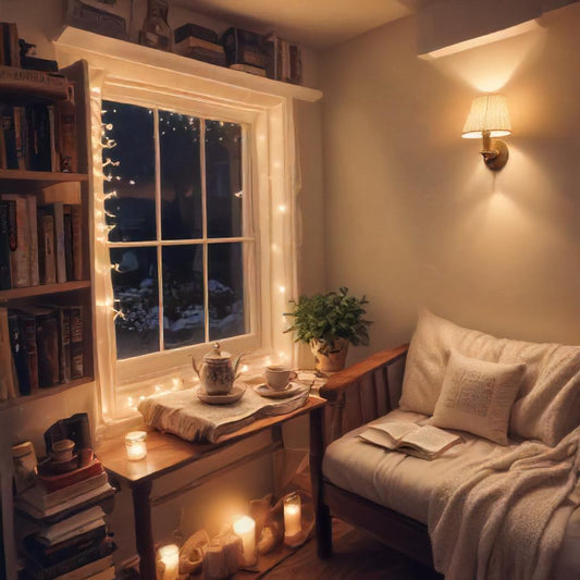 A cozy reading nook with a cup of tea, a book, and soft lighting