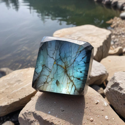 A Free Form Labadorite Crystal Near A Lake on Rocks