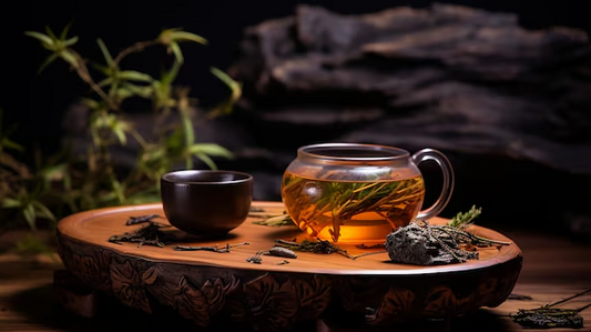 Photo of a steaming tea cup on a live edge round board