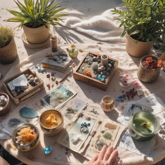 Beach Blanket with Crystals, Tea, and A Bright Sun