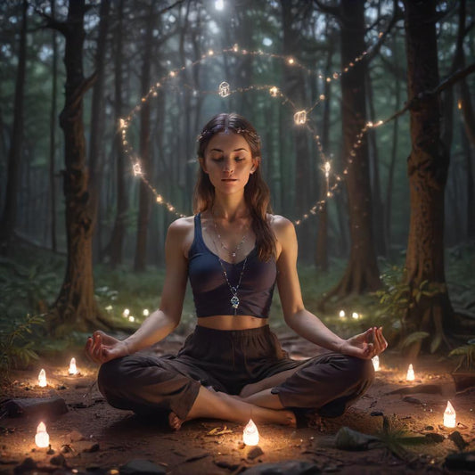 Woman meditating in forest with fairy lights | Dear Universe