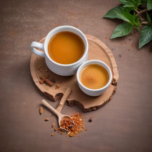 Chai Caramel Loose Leaf Tea in a cup Loose leaf Chai Caramel Tea with ingredients Chai Caramel Tea blend in a jar Steaming cup of Chai Caramel Tea Chai Caramel Tea with cinnamon sticks and cloves Focus Key Phrase: