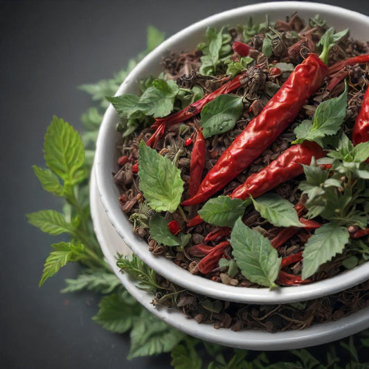 Tea ingredients: mullein leaves, spearmint, and red chili pepper flakes